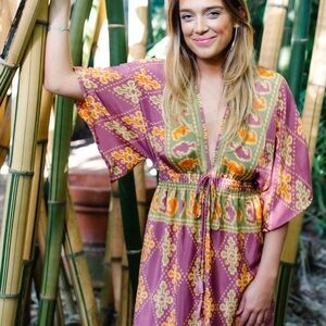 PERRY WALKER COLLECTIVE Carmen Silk Bohemian Multicolor Kimono Dress OS $185